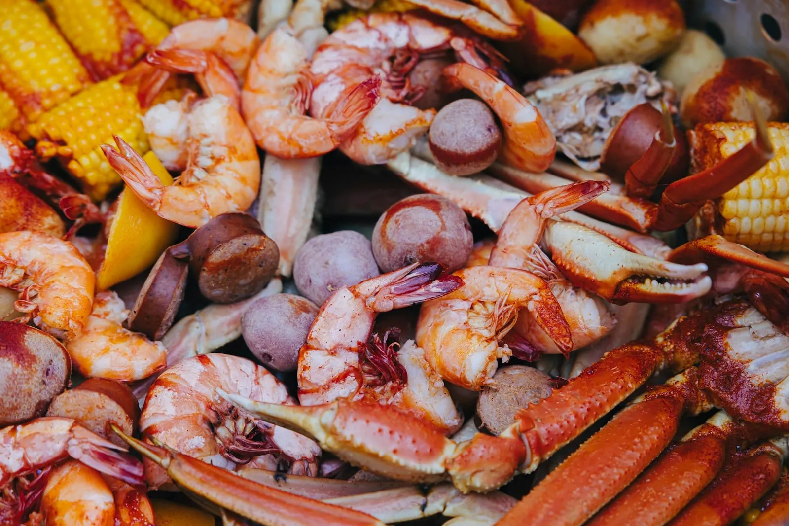 A low country boil of shrimp, crab, sausage and corn