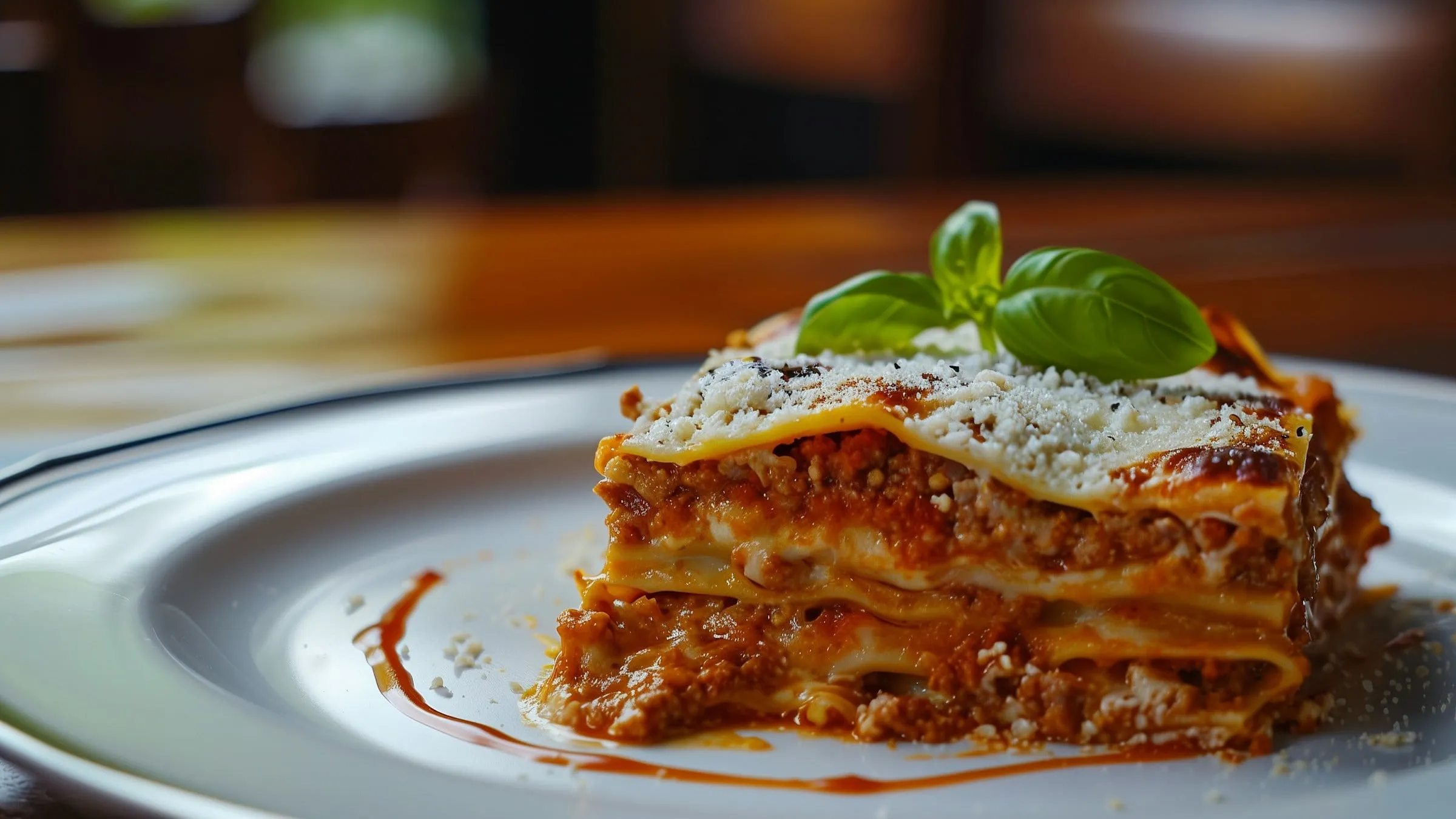 A slice of lasagna topped with basil on a white plate